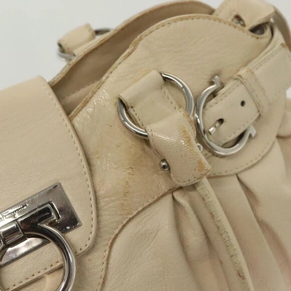 Salvatore Ferragamo Gancini Tote Bag Leather Beige Silver Auth - Picture 10 of 16